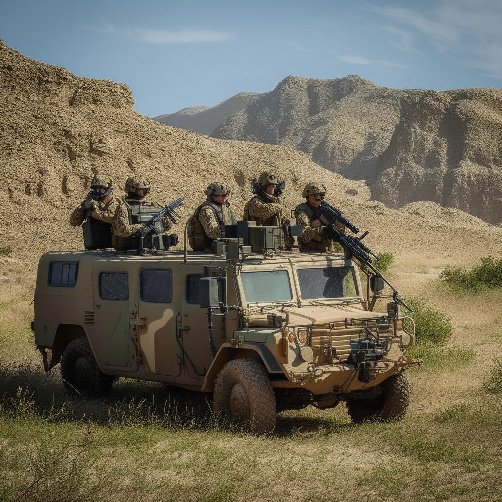 5 combatants in military fatigue, armed with assault rifles, missile launcher and radio in a rugged terrain vehicle