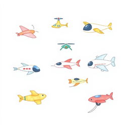 An even more handmade, minimalist illustration featuring a variety of futuristic flying vehicles, including playful designs of airplanes, drones, and imaginative flying machines