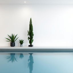 A minimalist interior pool wall decoration featuring artificial plants