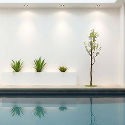A minimalist interior pool wall decoration featuring artificial plants
