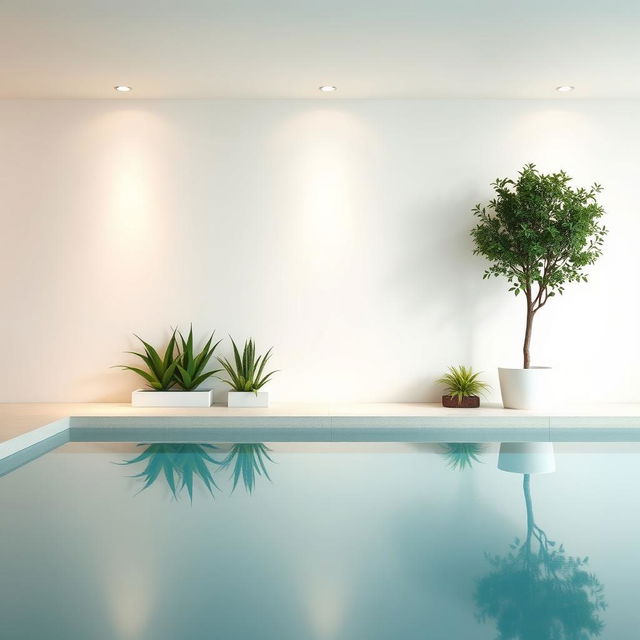 A minimalist interior pool wall decoration featuring artificial plants