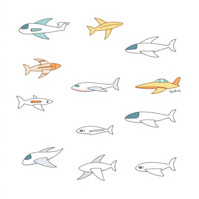 An even more handmade, minimalist illustration featuring a variety of futuristic flying vehicles, including unique designs of airplanes, drones, and imaginative flying machines