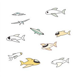 An even more handmade, minimalist illustration featuring a variety of futuristic flying vehicles, including unique designs of airplanes, drones, and imaginative flying machines