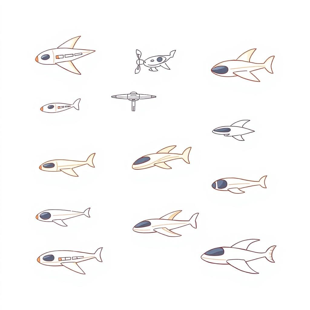 An even more handmade, minimalist illustration featuring a variety of futuristic flying vehicles, including unique designs of airplanes, drones, and imaginative flying machines