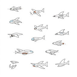 An even more handmade, minimalist illustration featuring a variety of futuristic flying vehicles, including unique designs of airplanes, drones, and imaginative flying machines