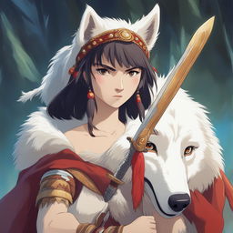 A high-definition digital art illustration of the character from Studio Ghibli's Princess Mononoke, standing with determination