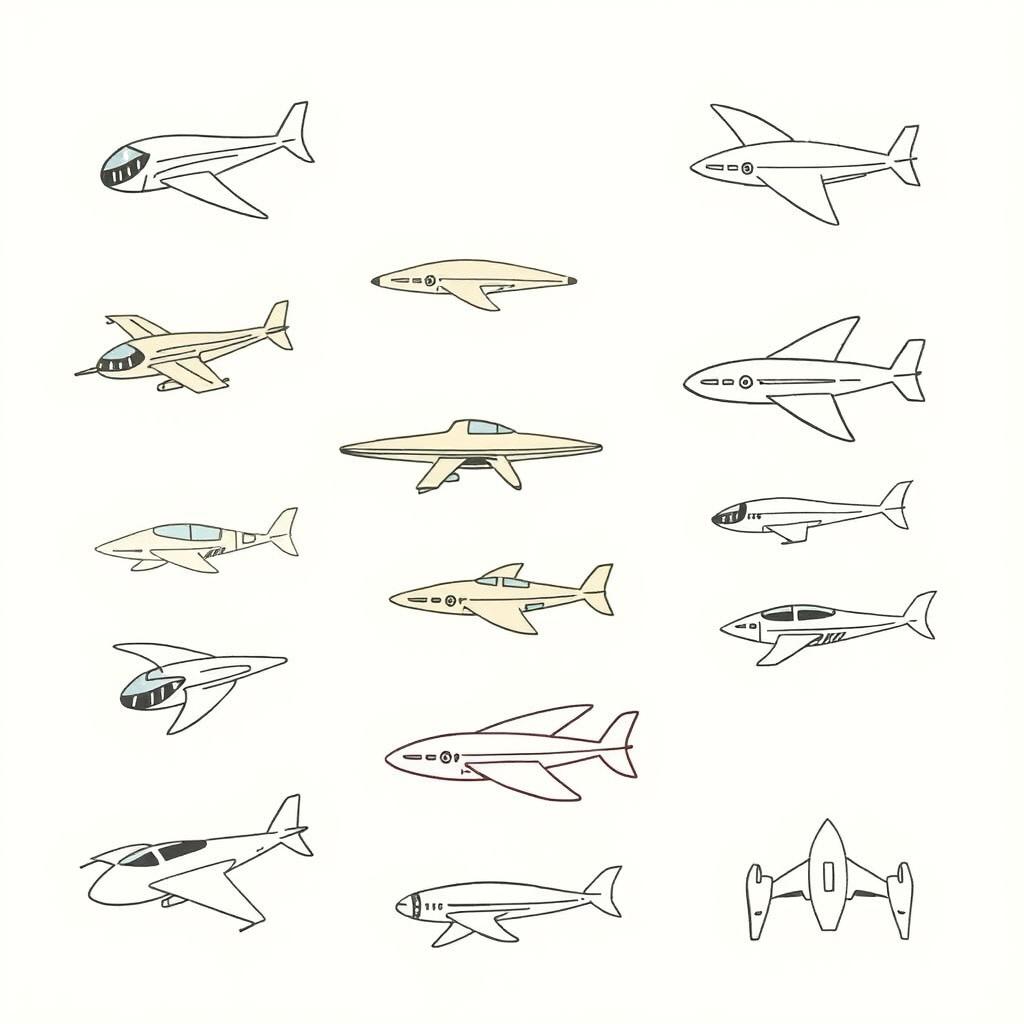 An even more handmade, minimalist illustration featuring a variety of futuristic flying vehicles, including unique designs of airplanes, drones, and imaginative flying machines