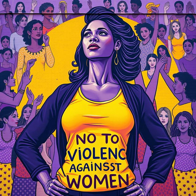 An artistic representation of a strong, empowered woman standing tall with a determined expression, surrounded by symbols of unity and support for women