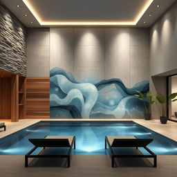 A stunning design for a false wall (7 meters by 14 meters) in an indoor pool area, showcasing an elegant and modern aesthetic