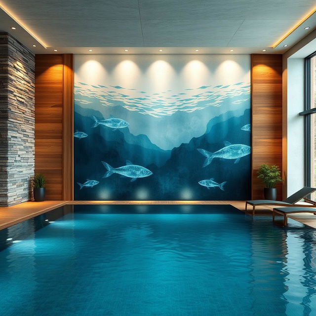 A stunning design for a false wall (7 meters by 14 meters) in an indoor pool area, showcasing an elegant and modern aesthetic