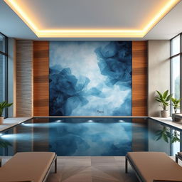 A stunning design for a false wall (7 meters by 14 meters) in an indoor pool area, showcasing an elegant and modern aesthetic