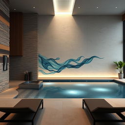 A stunning design for a false wall (7 meters by 14 meters) in an indoor pool area, showcasing an elegant and modern aesthetic