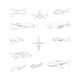 A handmade, minimalist illustration featuring a variety of futuristic flying vehicles, including unique designs of airplanes, drones, and imaginative flying machines