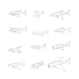 A handmade, minimalist illustration featuring a variety of futuristic flying vehicles, including unique designs of airplanes, drones, and imaginative flying machines