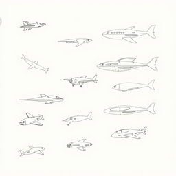 A handmade, minimalist illustration featuring a variety of futuristic flying vehicles, including unique designs of airplanes, drones, and imaginative flying machines