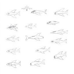 A handmade, minimalist illustration featuring a variety of futuristic flying vehicles, including diverse designs of airplanes, drones, and imaginative flying machines
