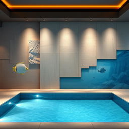 A captivating design for a 7 meter by 14 meter wall in an indoor pool setting, emphasizing a blend of modern elegance and natural elements