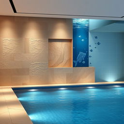 A captivating design for a 7 meter by 14 meter wall in an indoor pool setting, emphasizing a blend of modern elegance and natural elements