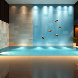 A captivating design for a 7 meter by 14 meter wall in an indoor pool setting, emphasizing a blend of modern elegance and natural elements