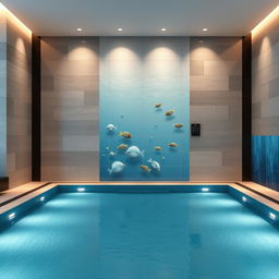 A captivating design for a 7 meter by 14 meter wall in an indoor pool setting, emphasizing a blend of modern elegance and natural elements