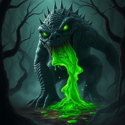 A terrifying monster spewing green acid from its massive jaws, featuring large glowing eyes, grotesque scales, and sharp claws