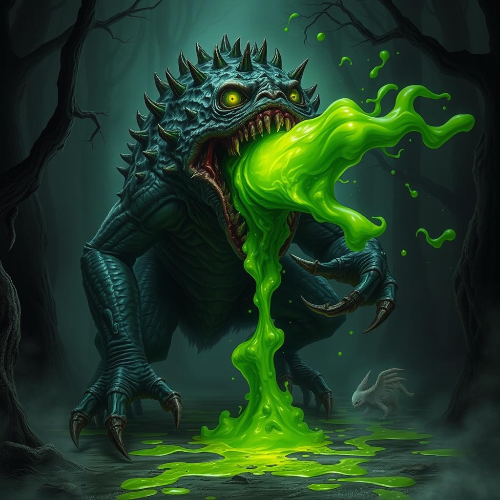 A terrifying monster spewing green acid from its massive jaws, featuring large glowing eyes, grotesque scales, and sharp claws