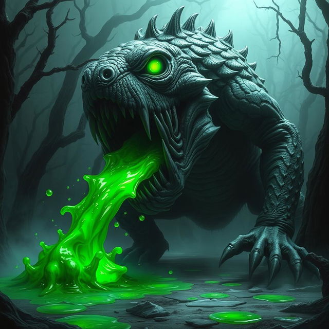 A terrifying monster spewing green acid from its massive jaws, featuring large glowing eyes, grotesque scales, and sharp claws