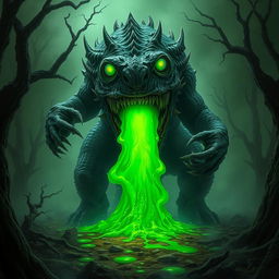 A terrifying monster spewing green acid from its massive jaws, featuring large glowing eyes, grotesque scales, and sharp claws