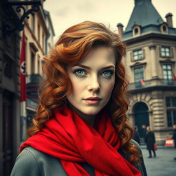 A striking book cover for a historical fiction novel, designed in a portrait aspect ratio, featuring a modern woman with captivating gray blue eyes, pale skin, and long, curly red hair