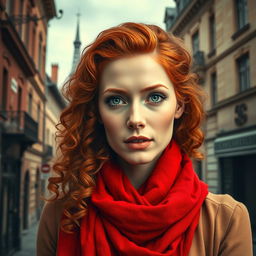 A striking book cover for a historical fiction novel, designed in a portrait aspect ratio, featuring a modern woman with captivating gray blue eyes, pale skin, and long, curly red hair