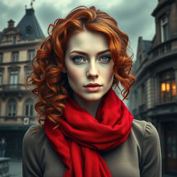 A striking book cover for a historical fiction novel, designed in a portrait aspect ratio, featuring a modern woman with captivating gray blue eyes, pale skin, and long, curly red hair
