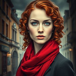 A striking book cover for a historical fiction novel, designed in a portrait aspect ratio, featuring a modern woman with captivating gray blue eyes, pale skin, and long, curly red hair