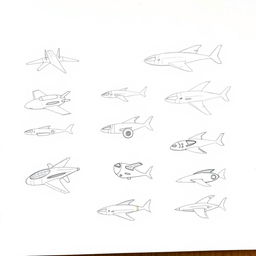 A handmade, minimalist illustration showcasing a variety of futuristic flying vehicles, including distinct designs of airplanes, drones, and imaginative flying machines