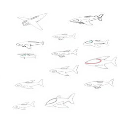 A handmade, minimalist illustration showcasing a variety of futuristic flying vehicles, including distinct designs of airplanes, drones, and imaginative flying machines