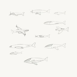 A handmade, minimalist illustration showcasing a variety of futuristic flying vehicles, including distinct designs of airplanes, drones, and imaginative flying machines