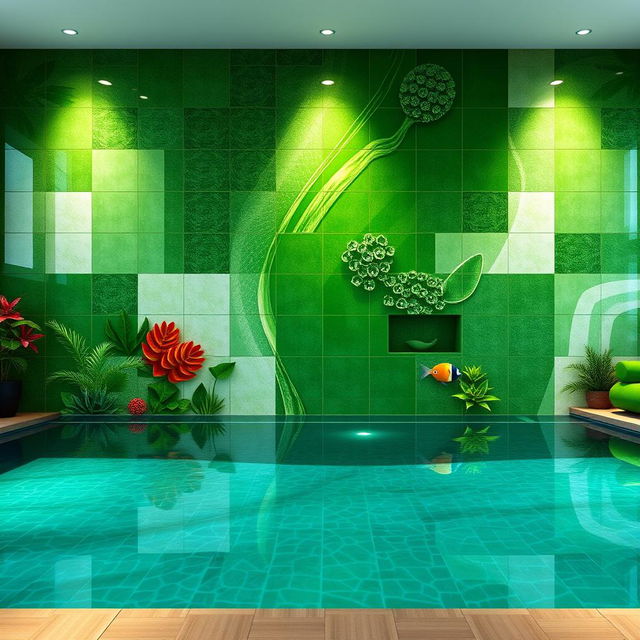 A striking design for a 7 meter by 14 meter wall in an indoor pool area, featuring a refreshing green color palette