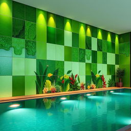 A striking design for a 7 meter by 14 meter wall in an indoor pool area, featuring a refreshing green color palette