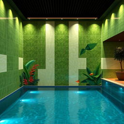 A striking design for a 7 meter by 14 meter wall in an indoor pool area, featuring a refreshing green color palette