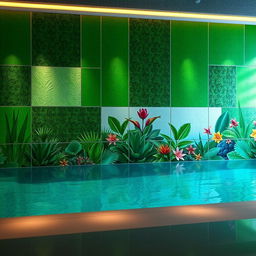 A striking design for a 7 meter by 14 meter wall in an indoor pool area, featuring a refreshing green color palette