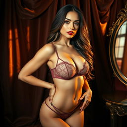 A highly stylized, 8k resolution image of an elegant boudoir setting with luxurious silks and rich colors