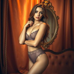 A highly stylized, 8k resolution image of an elegant boudoir setting with luxurious silks and rich colors