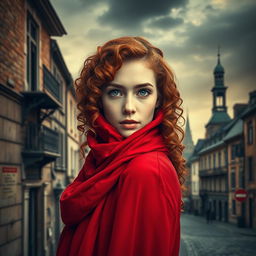A beautifully designed book cover for a historical fiction novel in portrait orientation, featuring a modern woman with enchanting gray blue eyes, pale skin, and long curly red hair