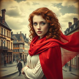 A beautifully designed book cover for a historical fiction novel in portrait orientation, featuring a modern woman with enchanting gray blue eyes, pale skin, and long curly red hair