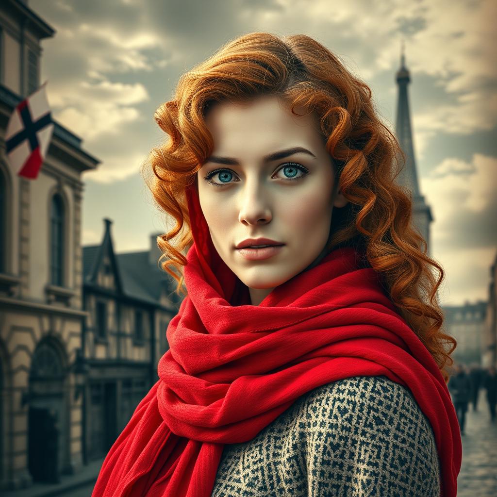 A beautifully designed book cover for a historical fiction novel in portrait orientation, featuring a modern woman with enchanting gray blue eyes, pale skin, and long curly red hair