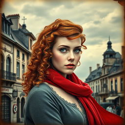 A beautifully designed book cover for a historical fiction novel in portrait orientation, featuring a modern woman with enchanting gray blue eyes, pale skin, and long curly red hair