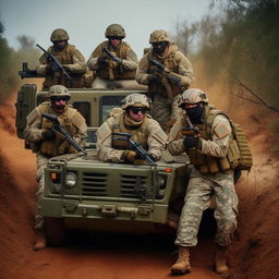 5 combatants in military fatigue, armed with assault rifles, missile launcher and radio in a rugged terrain vehicle