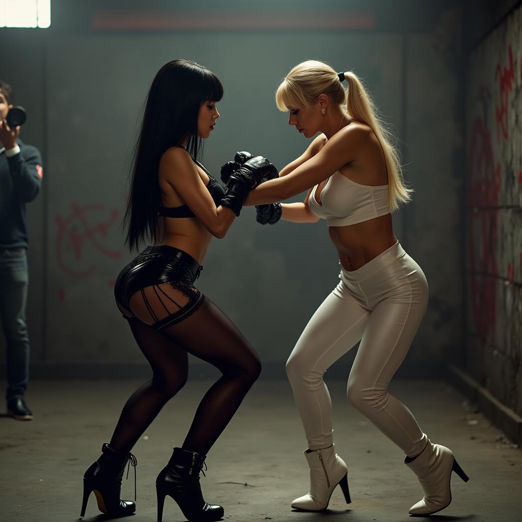 A high-energy scene set in an underground gym featuring two women in a fierce catfight