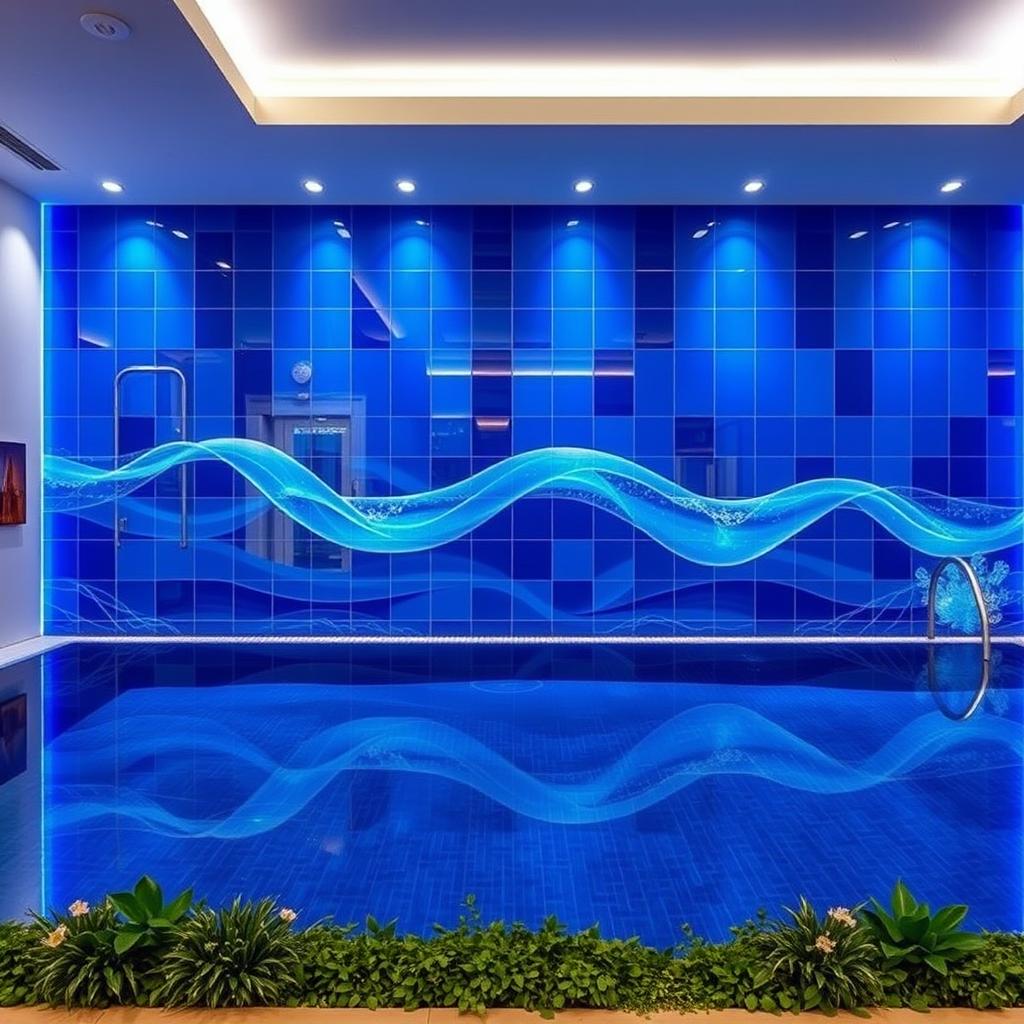 A stunning design for a 7 meter by 14 meter wall in an indoor pool area, featuring a vibrant blue color scheme