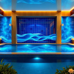 A stunning design for a 7 meter by 14 meter wall in an indoor pool area, featuring a vibrant blue color scheme