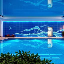 A stunning design for a 7 meter by 14 meter wall in an indoor pool area, featuring a vibrant blue color scheme